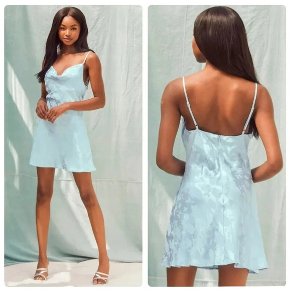 Lulus Close to Your Heart Dusty Blue Satin Jacquard Cowl
Slip Dress - Picture 1 of 13